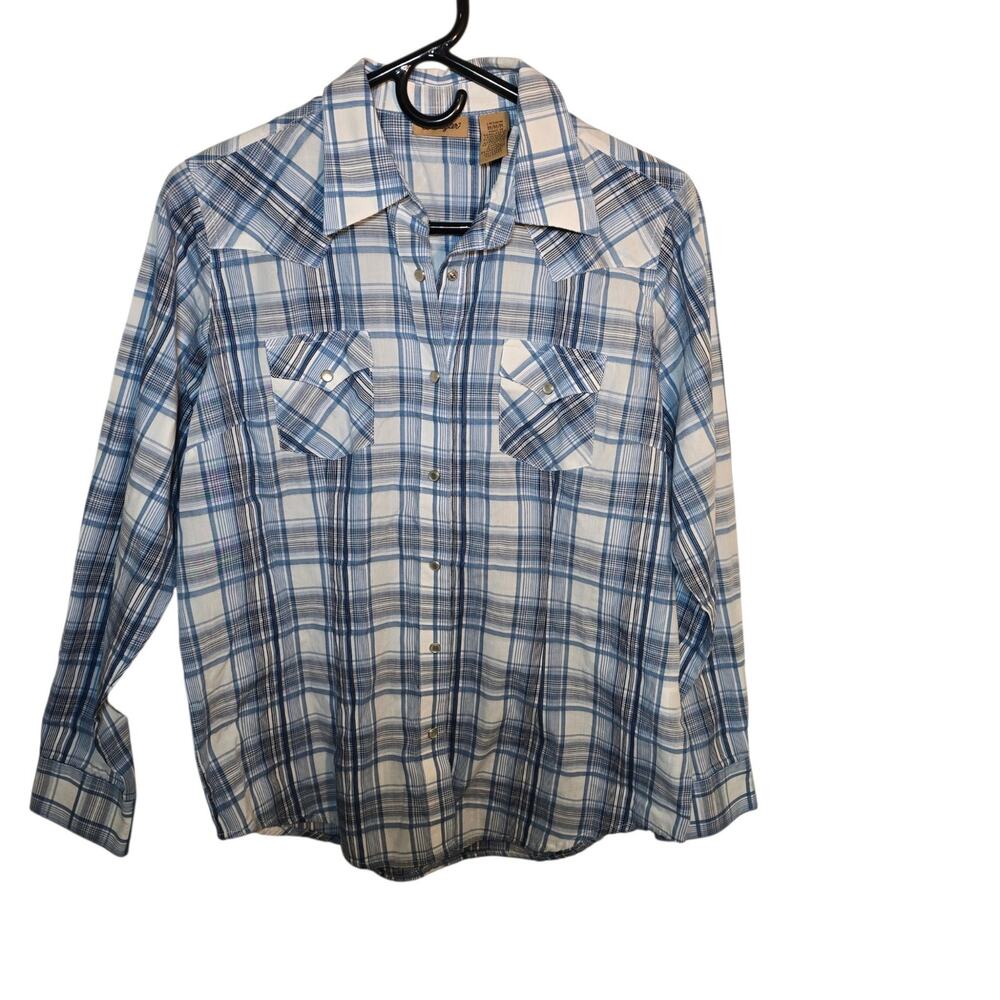 Wrangler Mens Blue White Plaid Pearl Snap Western Button Down Shirt Size Medium